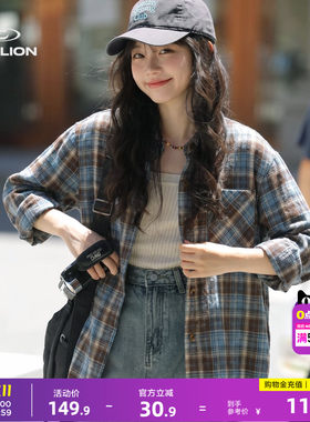 唐狮美式风格子长袖衬衫女秋季短款翻领衬衣复古格纹宽松落肩上衣