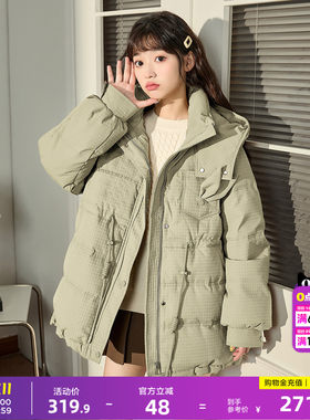 唐狮冬季新款女棉衣兔耳朵连帽可爱甜美设计感中长款棉服保暖