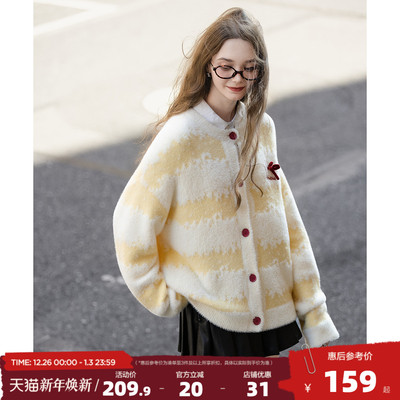 唐狮2025秋冬季女毛衣圆领双色渐变提花可爱蝴蝶结甜美约会穿搭