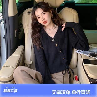 唐狮假门襟抽绳设计感套头V领毛衣女新款春秋黑色针织衫qd