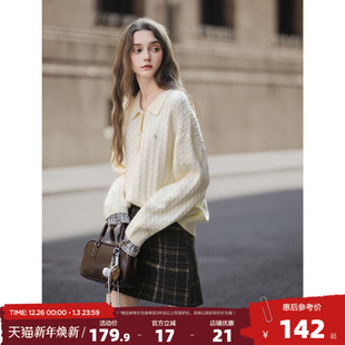 超好看上衣 口拼接假两件毛线衫 唐狮2025秋冬季 女POLO领净色绞花袖