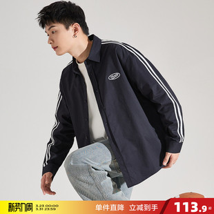 男潮 运动宽松休闲百搭衬衫 唐狮春秋新款 男翻领三条杠文字绣花长袖