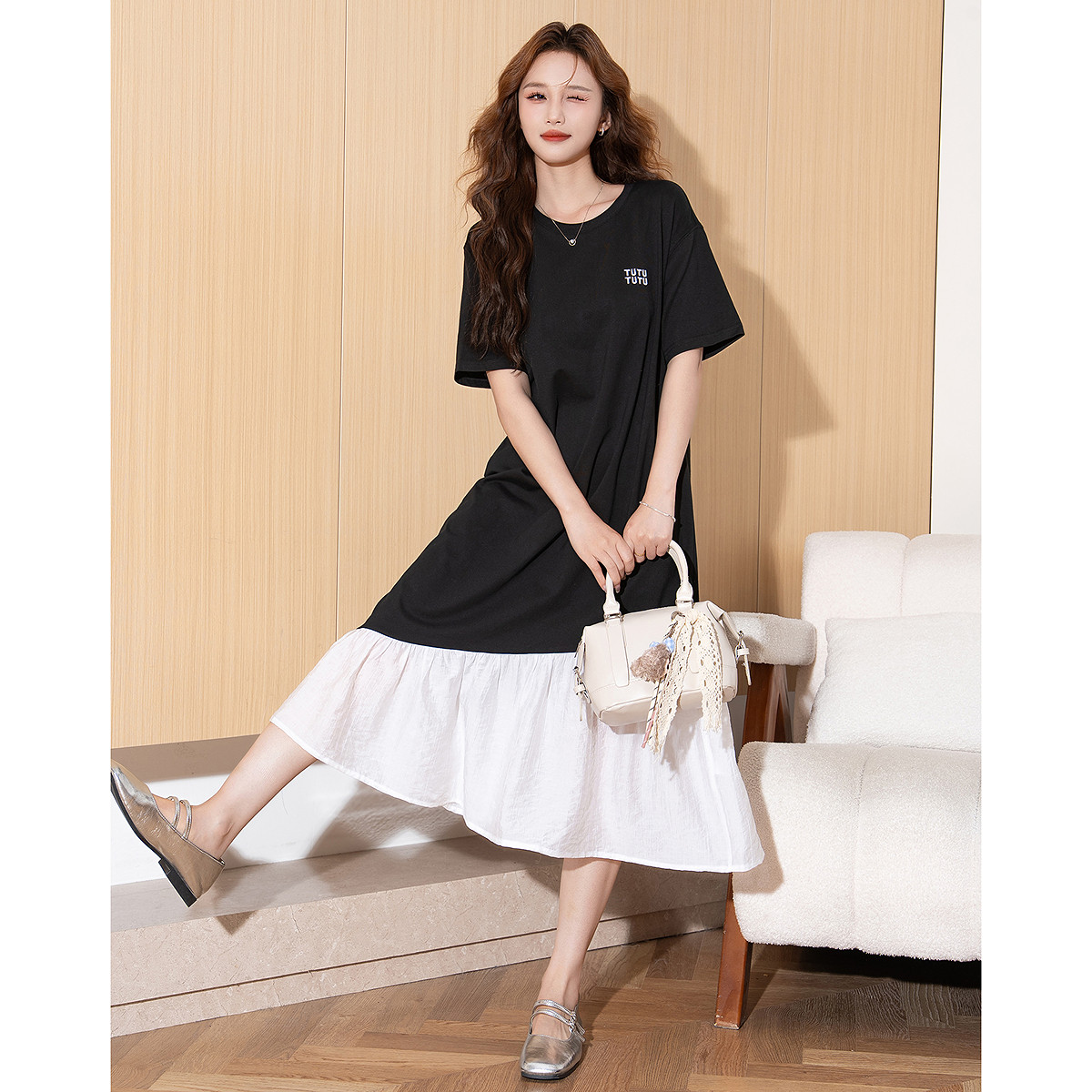 唐狮2025夏季新款女连衣裙下摆拼接设计感长裙T恤短袖休闲裙子g9