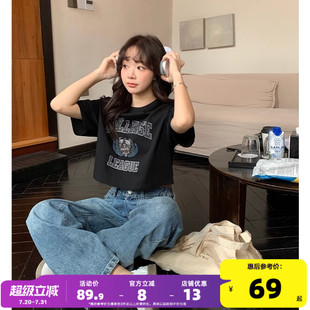 t恤女上衣纯棉夏季 美式 yoe黑色短袖 新款 小个子圆领正 复古短款 女装