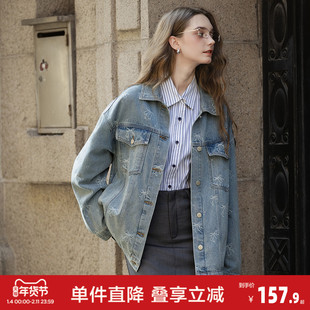 唐狮2026新款春秋季女薄外套百搭高级感甜酷风蝴蝶结满印牛仔外套