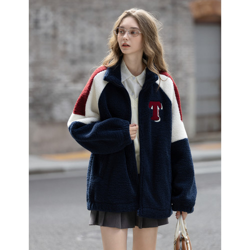 唐狮2025秋冬季仿羊羔毛外套女士休闲时尚女立领撞色拼接短款外套