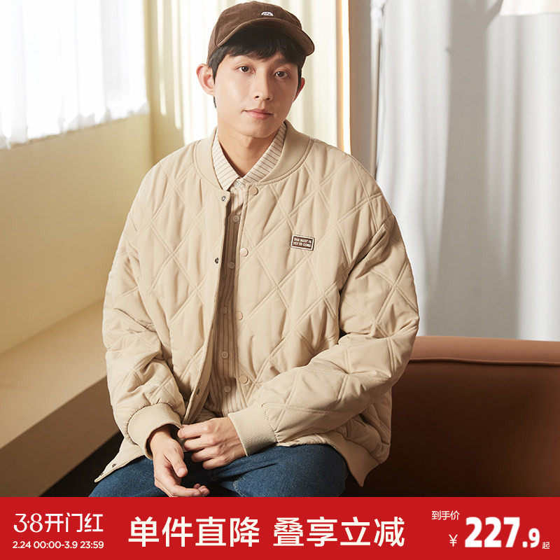 唐狮秋冬季新款棉衣男士棒球领菱形格运动棉服夹棉外套加厚防寒服