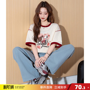 夏季 T恤女新款 唐狮短袖 女撞色小个子减龄上衣 关晓彤同款