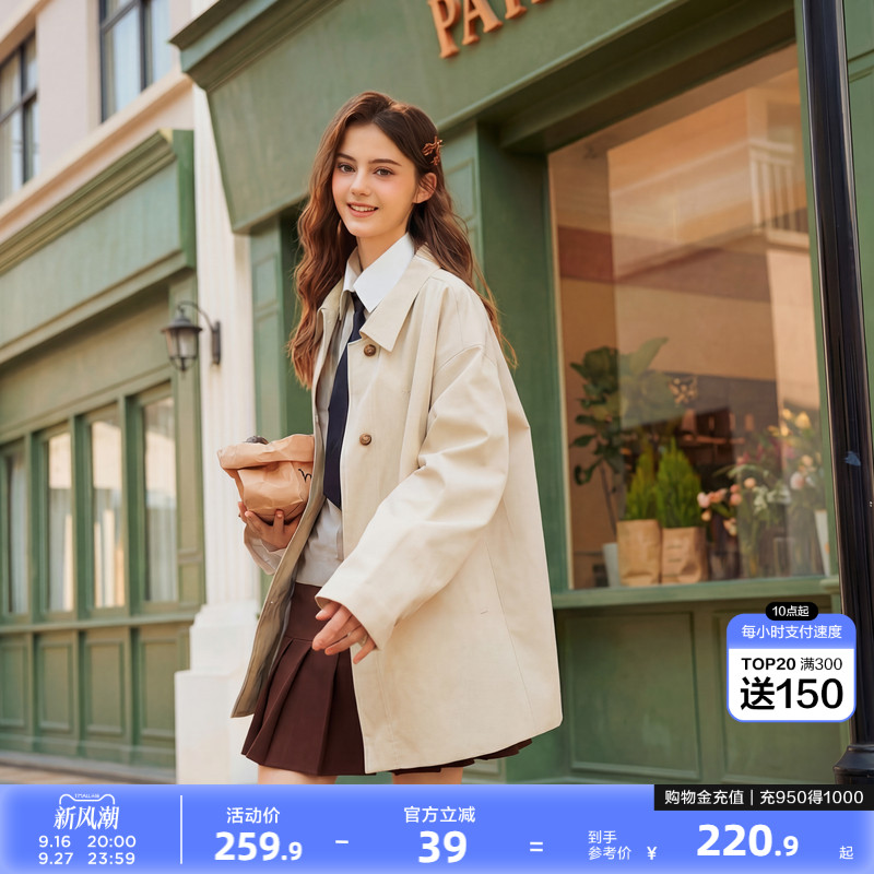 唐狮2026春季女翻领中长款外套长袖纯色风衣单排扣外套通勤日常图片