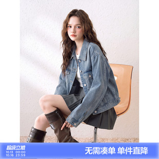 唐狮新款春秋女牛仔外套减龄翻领小个子短款独特女士上衣w7
