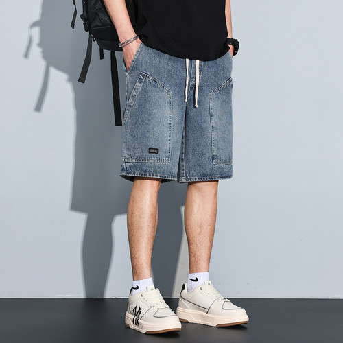 唐狮潮牌抽绳宽松阔腿牛仔短裤男