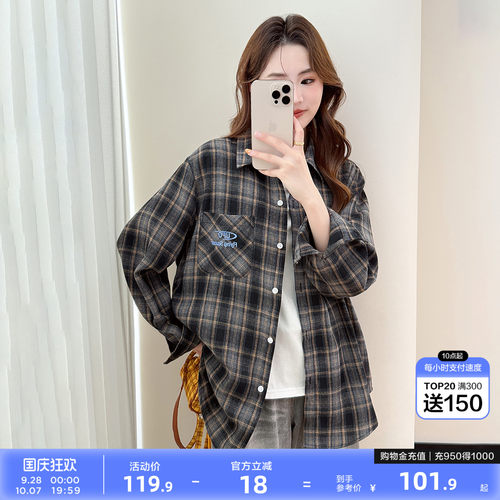 唐狮年新款长袖格子衬衫女灰色格纹翻领复古流行百搭bl