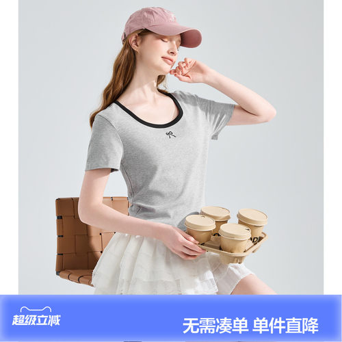 唐狮韩系chic温柔风修身上衣短袖T恤女夏季蝴蝶结甜美系约会穿搭