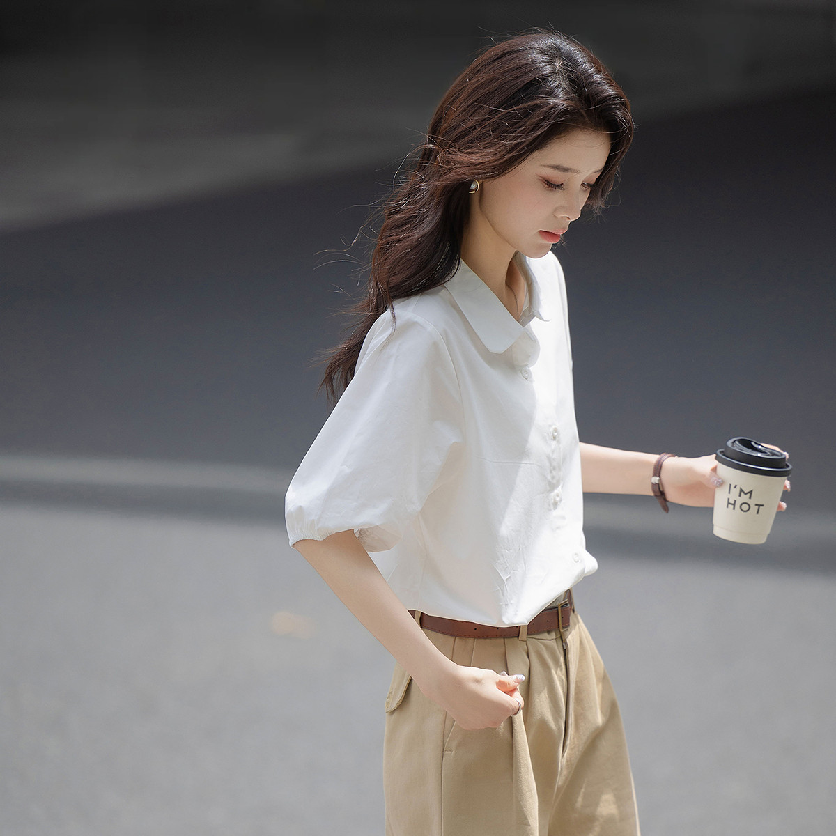 唐狮白色短袖衬衫女夏季新款休闲女生上衣气质百搭衬衣女dmn