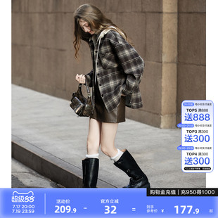 唐狮秋冬长袖衬衫女休闲连帽短款外套式格子休闲日常百搭流行