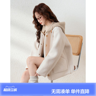 唐狮春秋季假两件针织帽仿羊羔毛厚外套女休闲百搭连帽潮流时尚