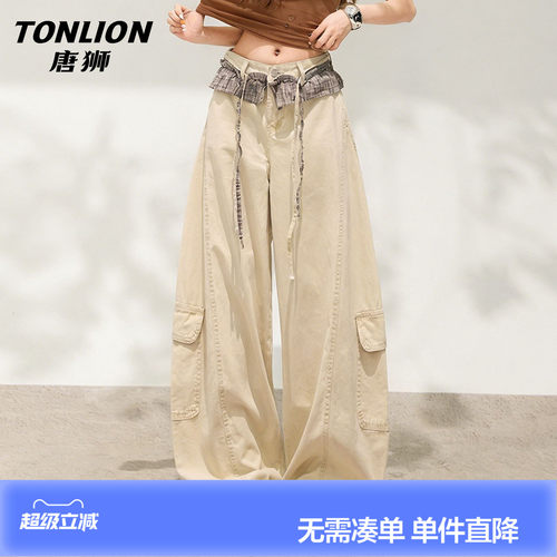 唐狮26夏季复古格纹阔腿工装裤女