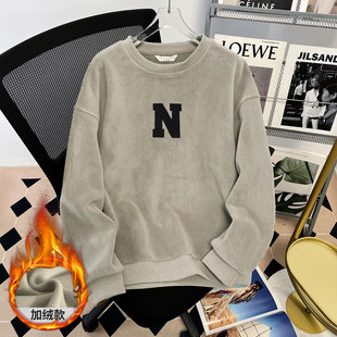 唐狮加绒加厚卫衣女款2025冬季新款字母印花宽松圆领套头无帽上衣