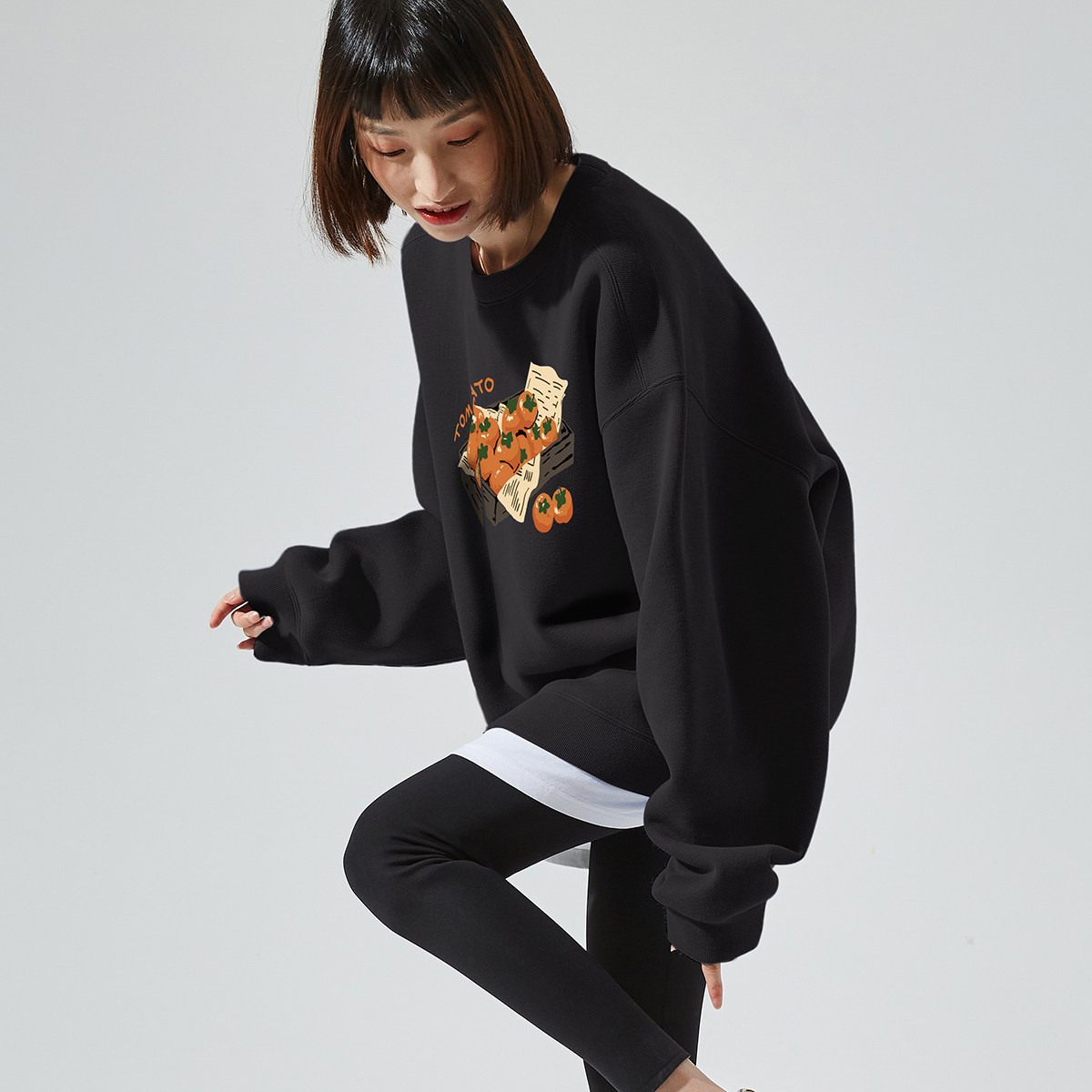 唐狮早秋卫衣女圆领印花百搭卫衣小众设计感女士卫衣慵懒风