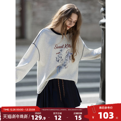 唐狮2025春秋冬季卫衣女圆领加绒加厚卡通印花宽松慵懒风设计时尚