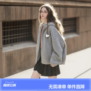 唐狮2026秋冬季连帽加厚外套女短款仿羔毛外套棕色拼接格纹好看