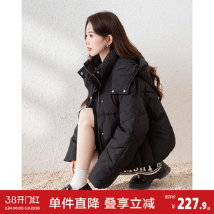 【防水】唐狮秋冬新款女连帽短款棉衣黑色拼接休闲潮流外套