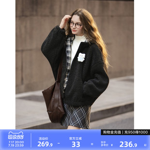 唐狮2026秋冬季连帽加厚外套女短款仿羔毛外套棕色拼接格纹好看