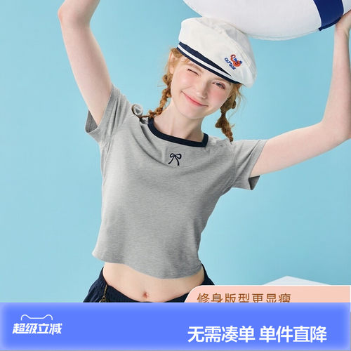 唐狮韩系chic温柔风修身上衣短袖T恤女夏季蝴蝶结甜美系约会穿搭