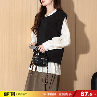 唐狮2026秋冬季 女毛衣设计感不规则开衩套头马甲简约高级感好看