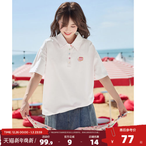 唐狮2025夏季新款polo衫短袖t恤女时尚纯棉白色短袖小个子女上衣