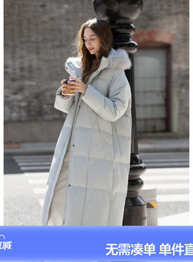 唐狮冬季羽绒服女长款连帽可拆卸仿真毛加厚羽绒外套温柔气质冬装