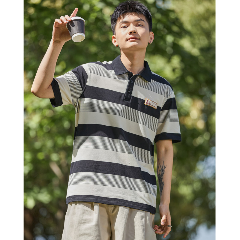 唐狮2024夏季新款短袖polo衫男士带翻领t恤有条纹黑色休闲上衣潮
