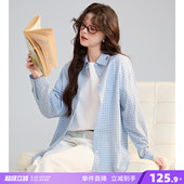 长袖 蓝色格子衬衣休闲宽松衬衫 衬衫 2026新款 外套翻领 女款 唐狮春季