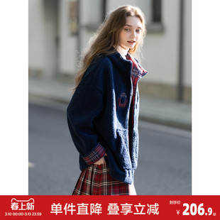 唐狮2026冬季短款外套女连帽拼接格纹仿羊羔毛加厚保暖藏青色外套