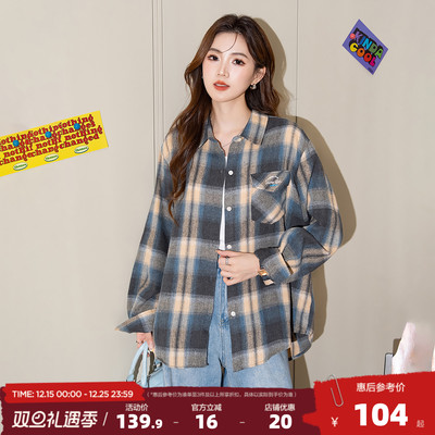 唐狮2025新款长袖衬衫女格子复古撞色字母印花翻领百搭休闲上衣bl