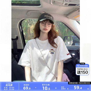 唐狮短袖T恤女新款夏季纯棉T恤女圆领T恤简约设计百搭白色上衣女