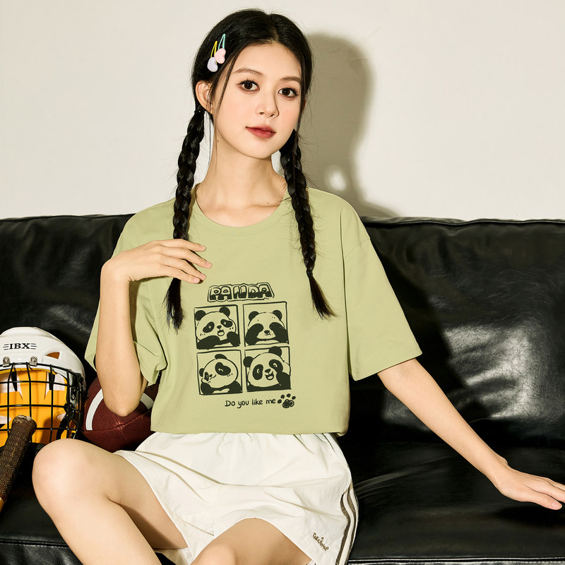 唐狮2024新款熊猫印花圆领短袖女T恤夏纯棉内搭打底衫宽松上衣sz