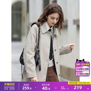唐狮2026春秋女翻领中长款外套长袖纯色风衣单排扣外套通勤日常
