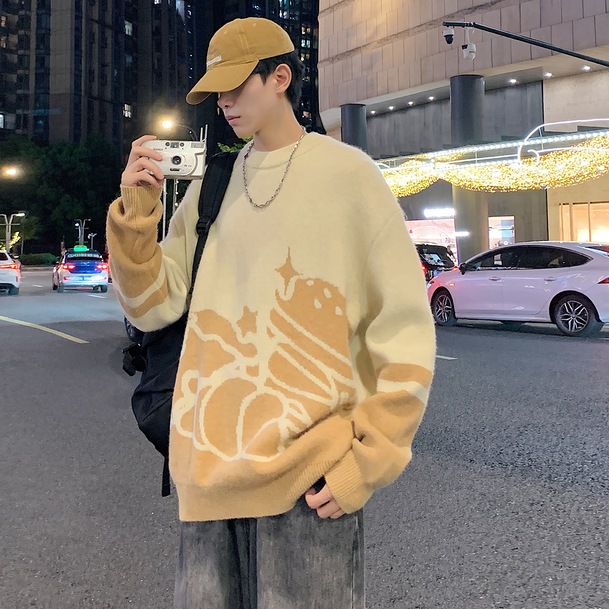 唐狮2025冬季新款男毛衣日系休闲撞色图案提花潮牌男装毛衫青少年