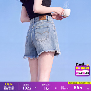 唐狮夏季新款牛仔短裤女毛边时尚高腰潮流复古设计感直筒热裤