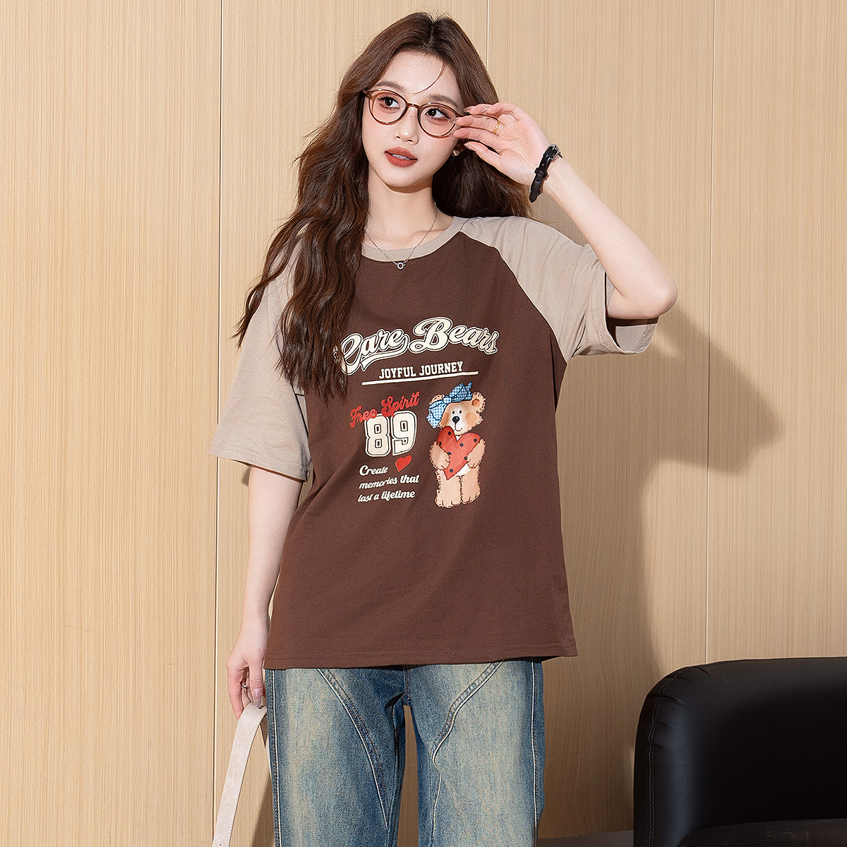 唐狮纯棉短袖T恤女2025夏季新款甜美印花拼接宽松显瘦插肩袖上衣