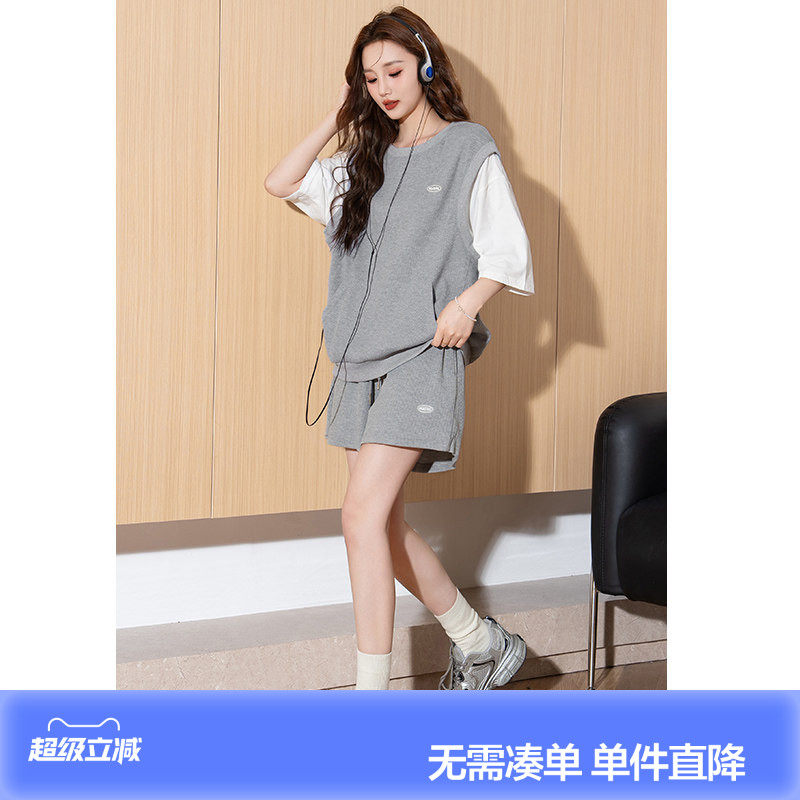 唐狮休闲套装女夏季2026新款灰色短袖T恤短裤运动套装一整套Q