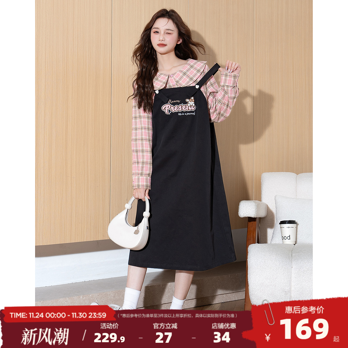 唐狮夏季假两件背带连衣裙女牛仔背带裙黑色裙子小个子独特好看f7