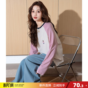 唐狮春夏长袖 字母纯棉撞色小个子上衣白色潮 T恤女圆领插肩袖