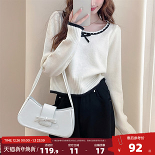 唐狮2025秋冬季 毛衣女撞色小众设计感蝴蝶结套头内搭都毛线衫