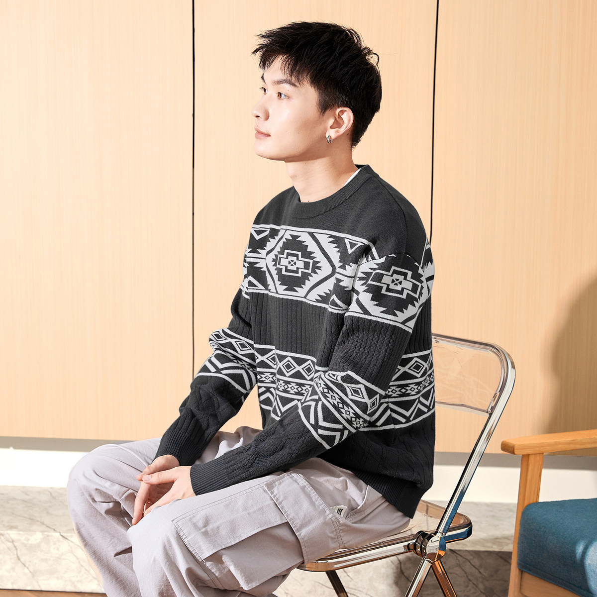 唐狮2024秋冬新款毛衣男圆领费尔岛图案提花针织衫日系复古上衣潮
