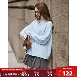 女 自然卷边毛线衫 唐狮2025年女秋冬款 圆领毛衣简约大气净色插肩袖