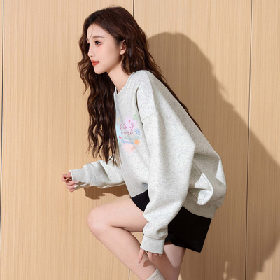 唐狮2025秋冬加绒圆领卫衣女卡通印花浅花灰宽松可爱风学生通勤
