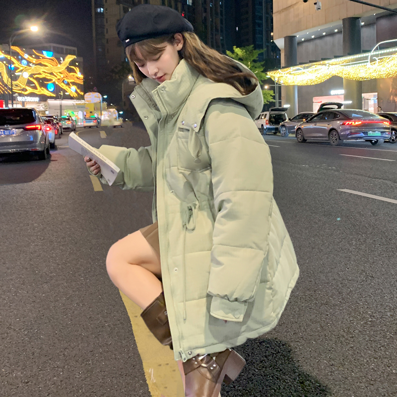 唐狮2025冬季新款女棉衣肌理感抽绳连帽中长款韩系保暖网红外套