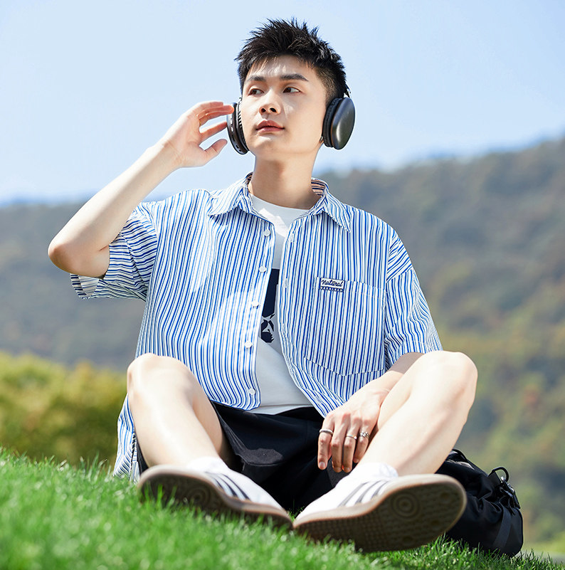 唐狮2024夏季新款条纹短袖衬衫男翻领单口袋小标日系休闲衬衣外套